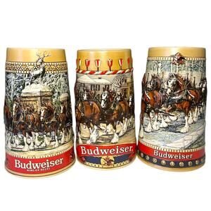 Budweiser Clydesdale Beer Stein Mug Set 3 Holiday Series 1980s
